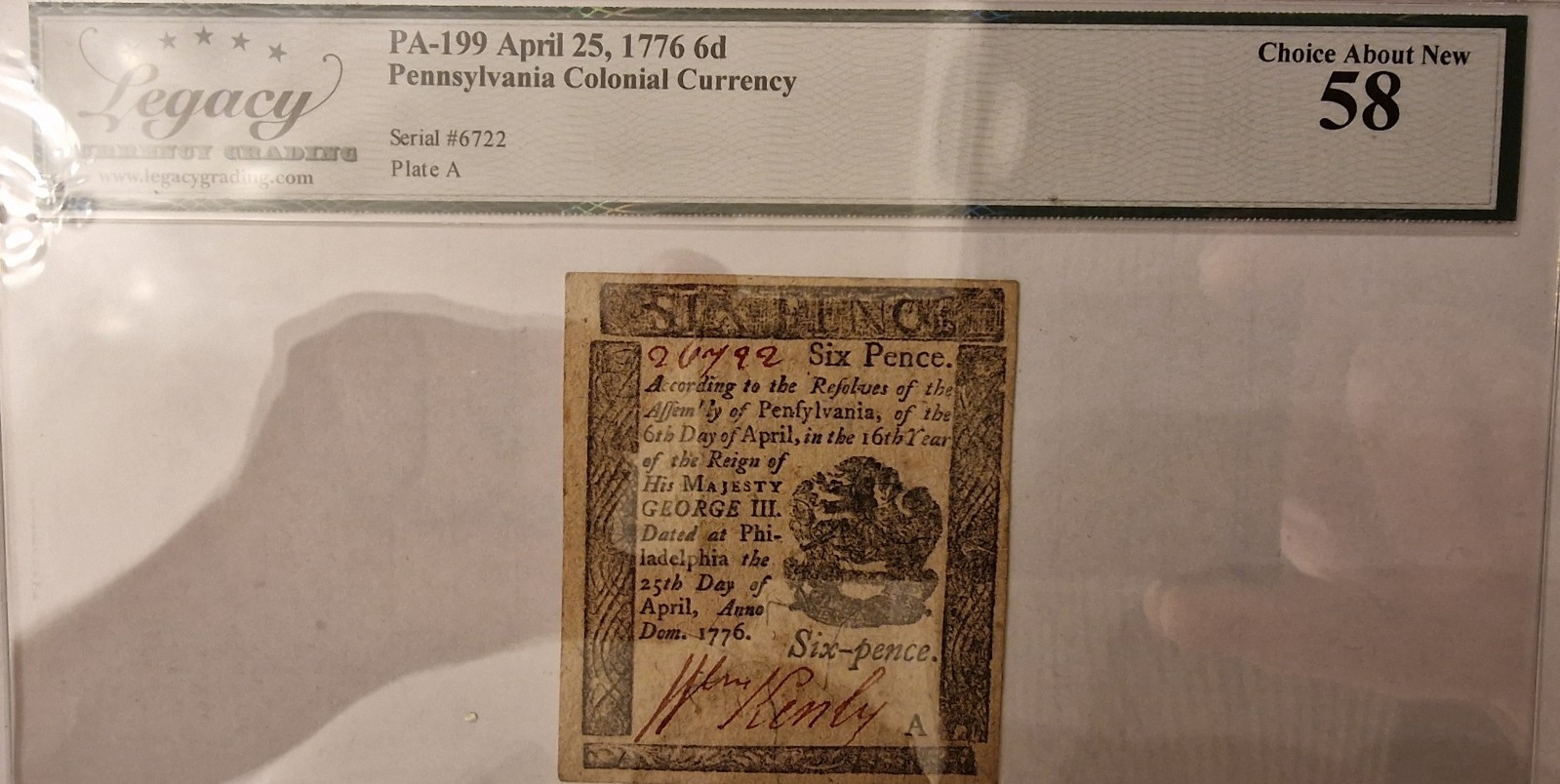 PA-199 APRIL 25, 1776 6d Pennsylvania Colonial Currency
