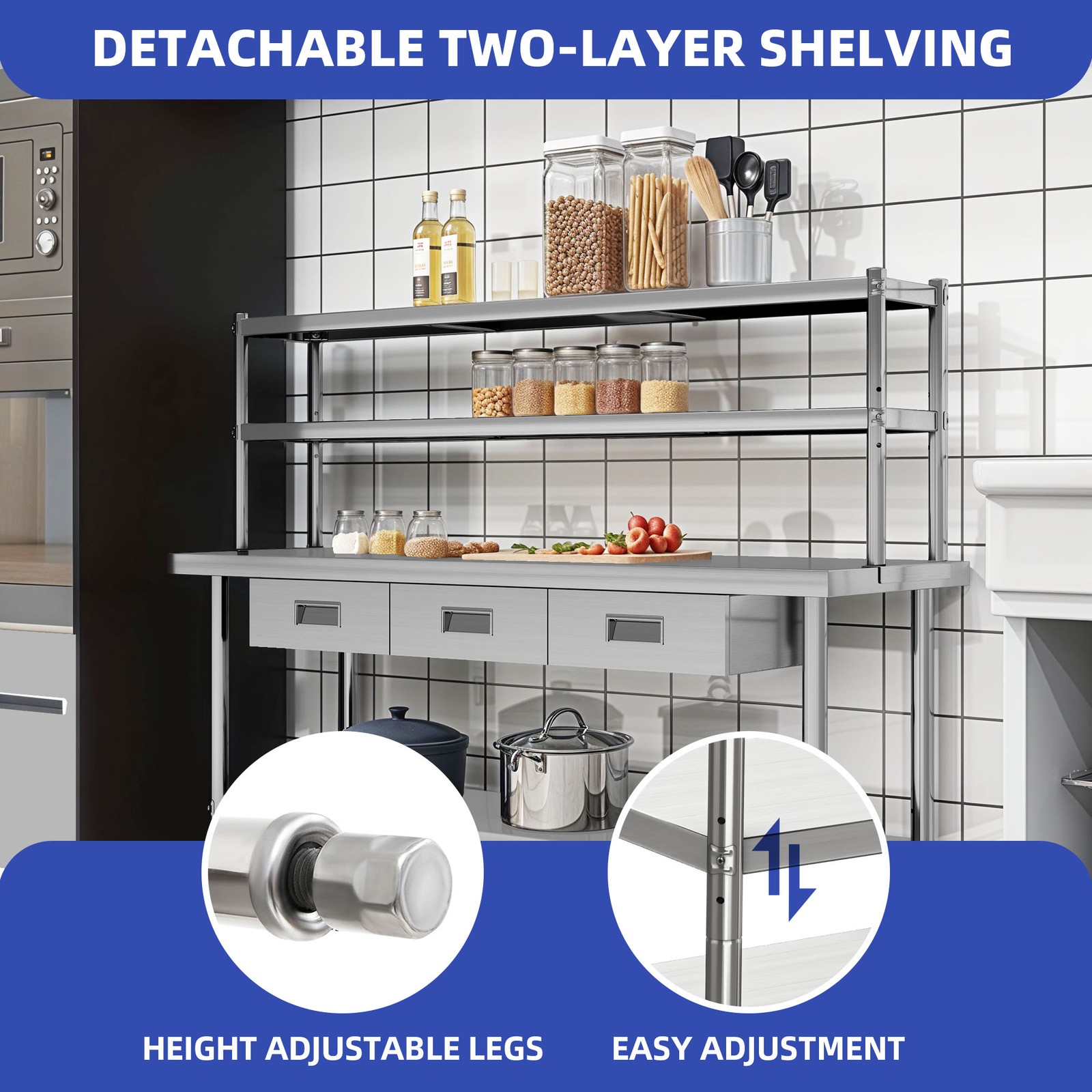 72" X 24" Worktable Stainless Steel Table with Overshelves with 72" X 12" Shelf