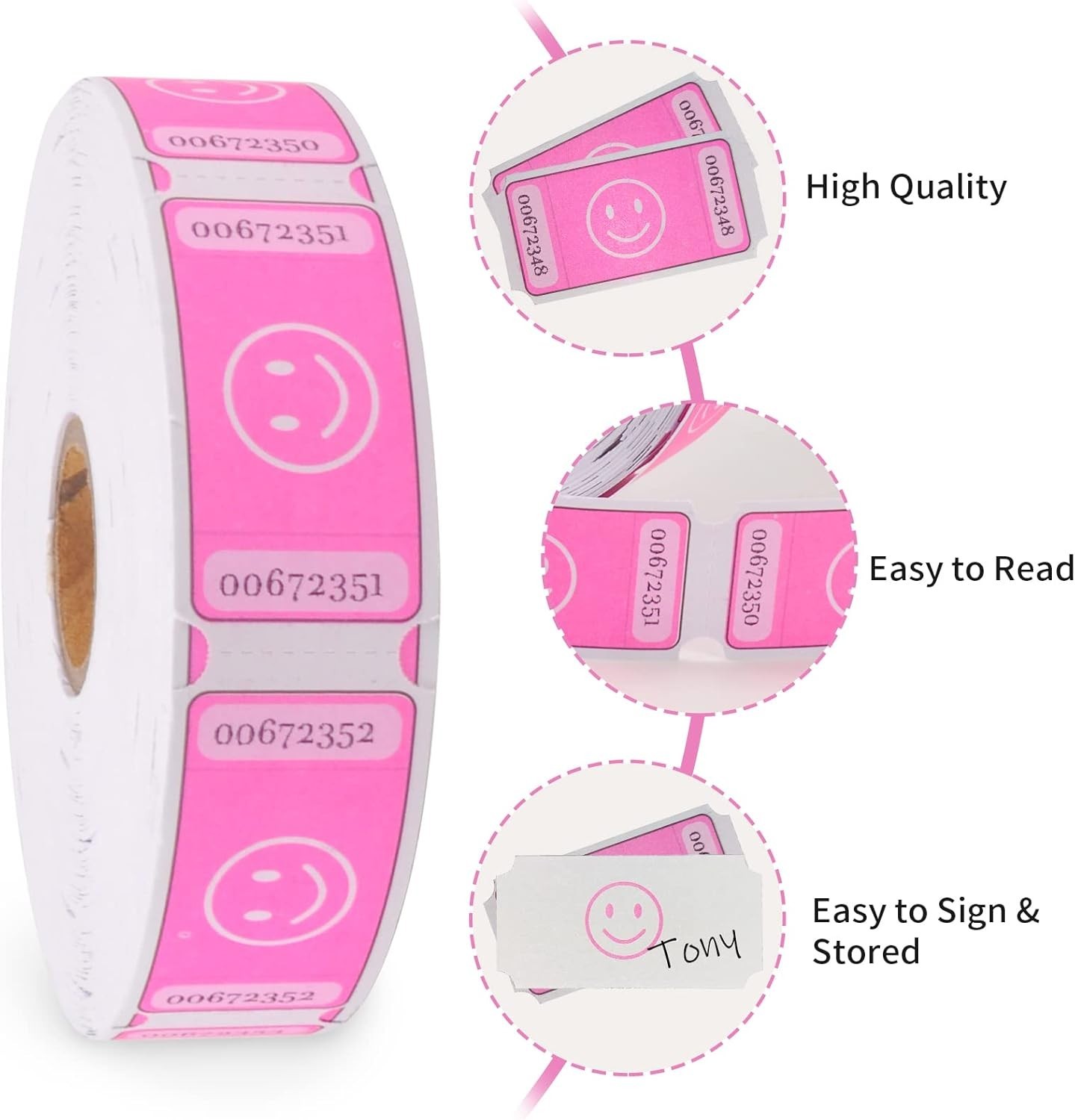 Smiley Face Raffle Tickets - 1000 Pink Perforated Tickets for All Your Events