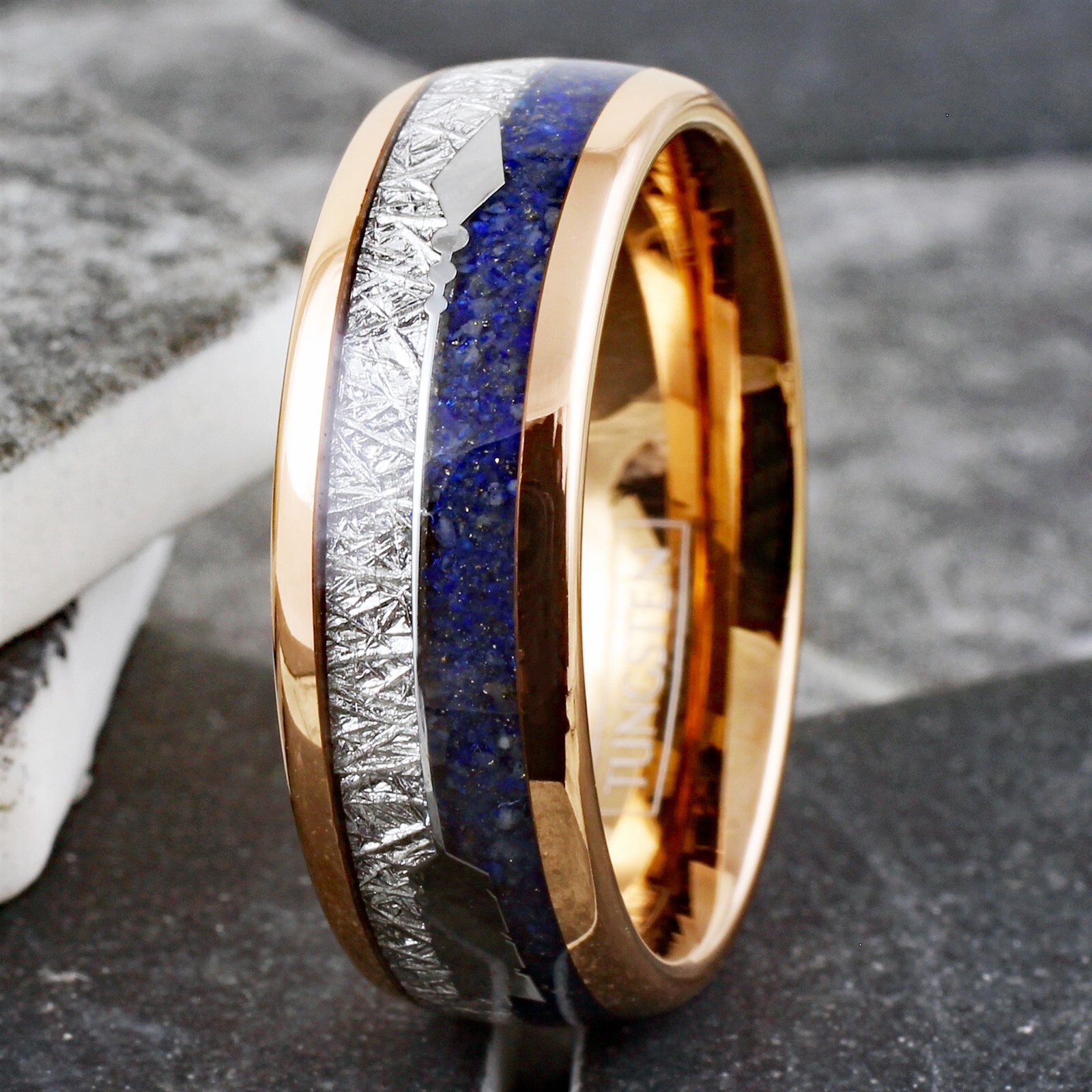 Rose Gold Plated Tungsten Carbide Meteorite & Blue Lapis Lazuli Men's Band Ring