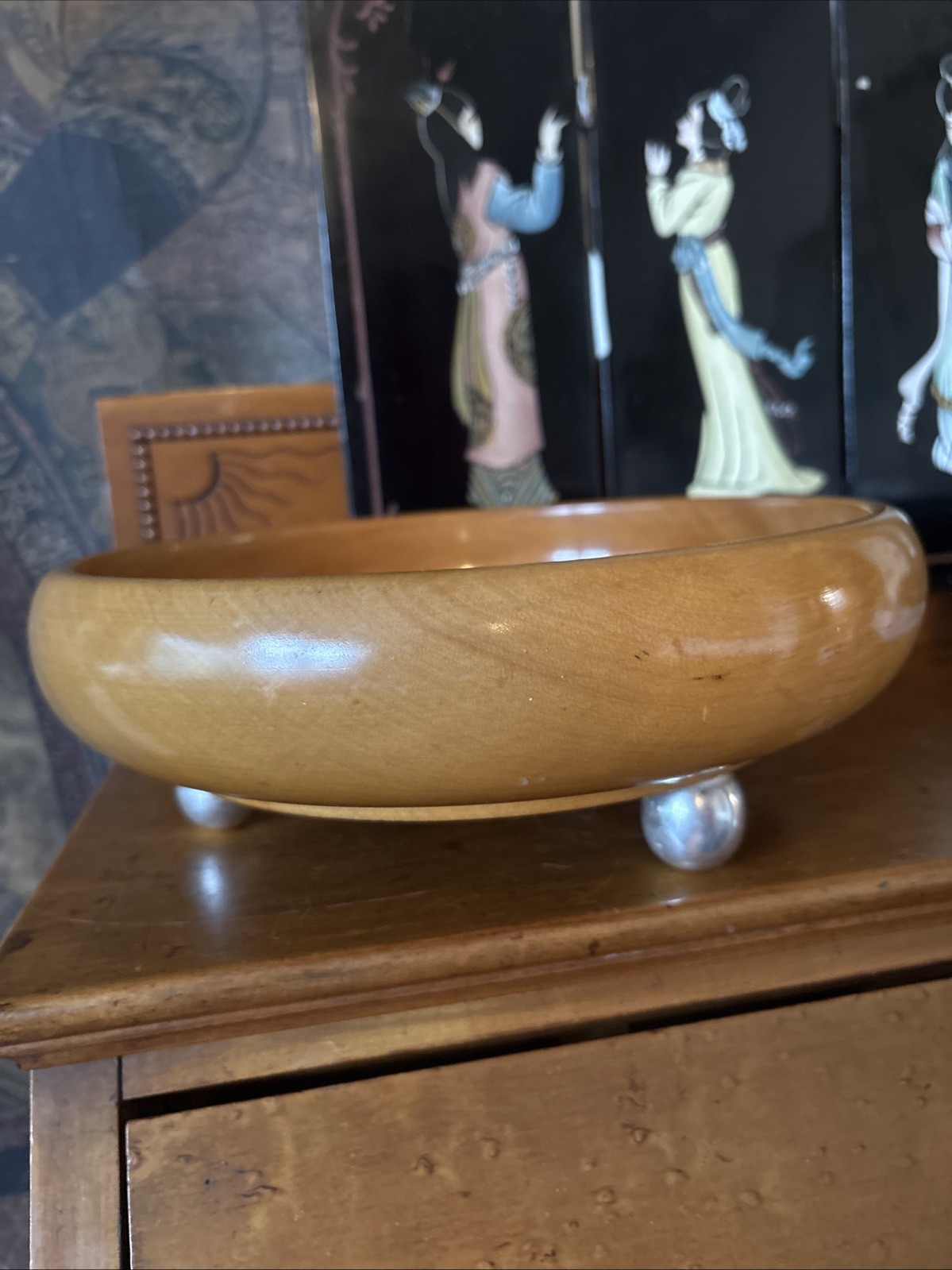 Solid Wood Salad Bowl 3 Sterling Silver Ball Feet Beautiful 9.5”