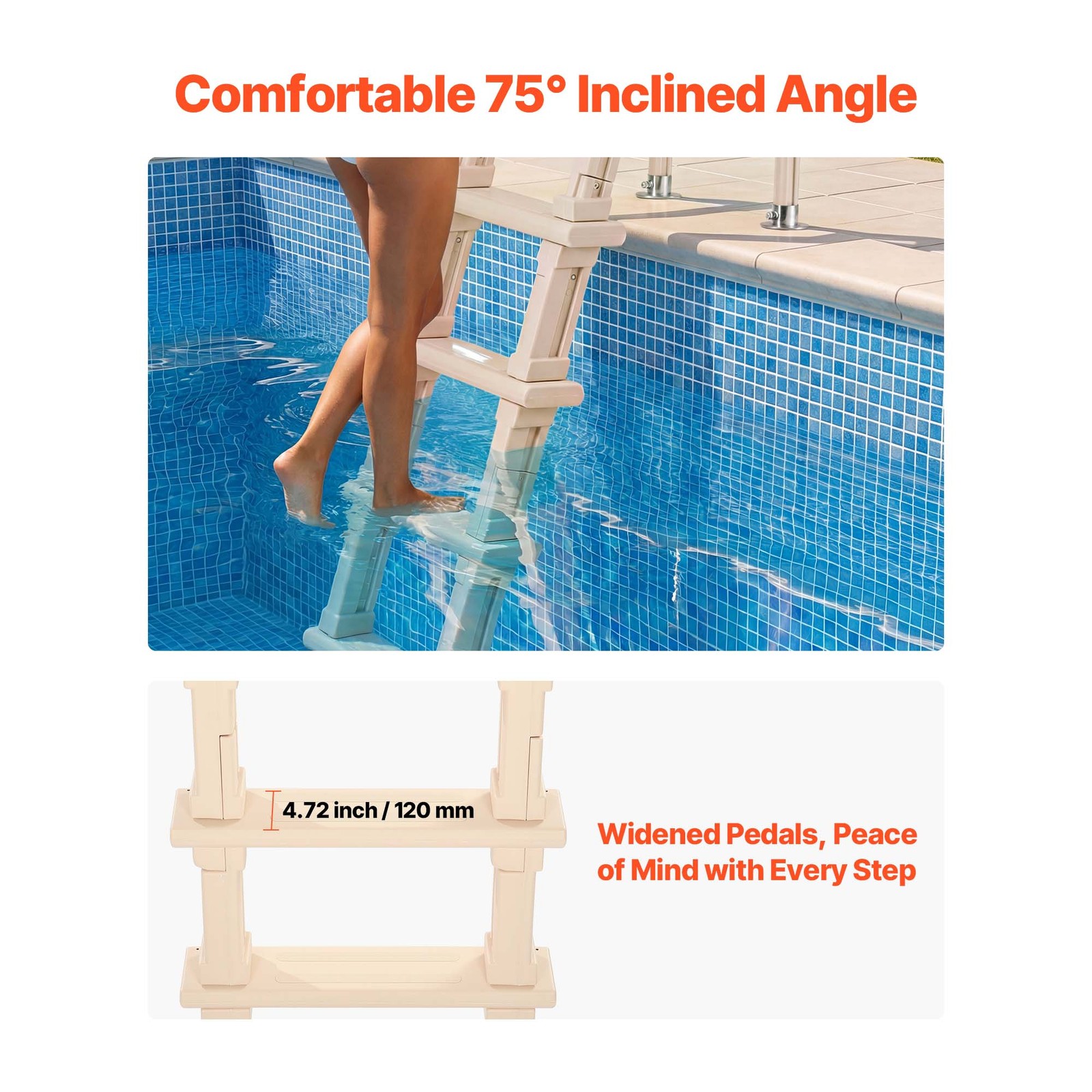 Uimoso Pool Ladder with Angled 5 Steps, Dual Handrails, 48-54in, 300lbs, Taupe