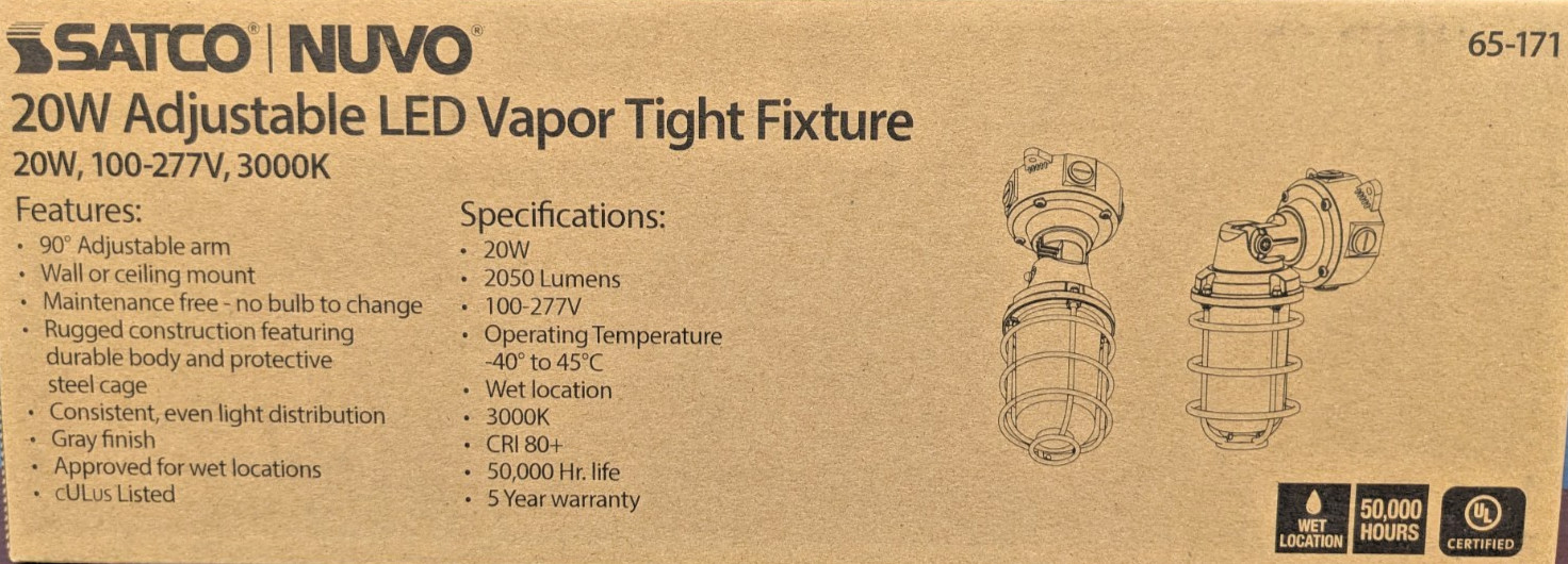 SATCO NUVO LIGHTING LED ADJUSTABLE VAPOR TIGHT GRAY 20W 100-277V 3000K 65-171