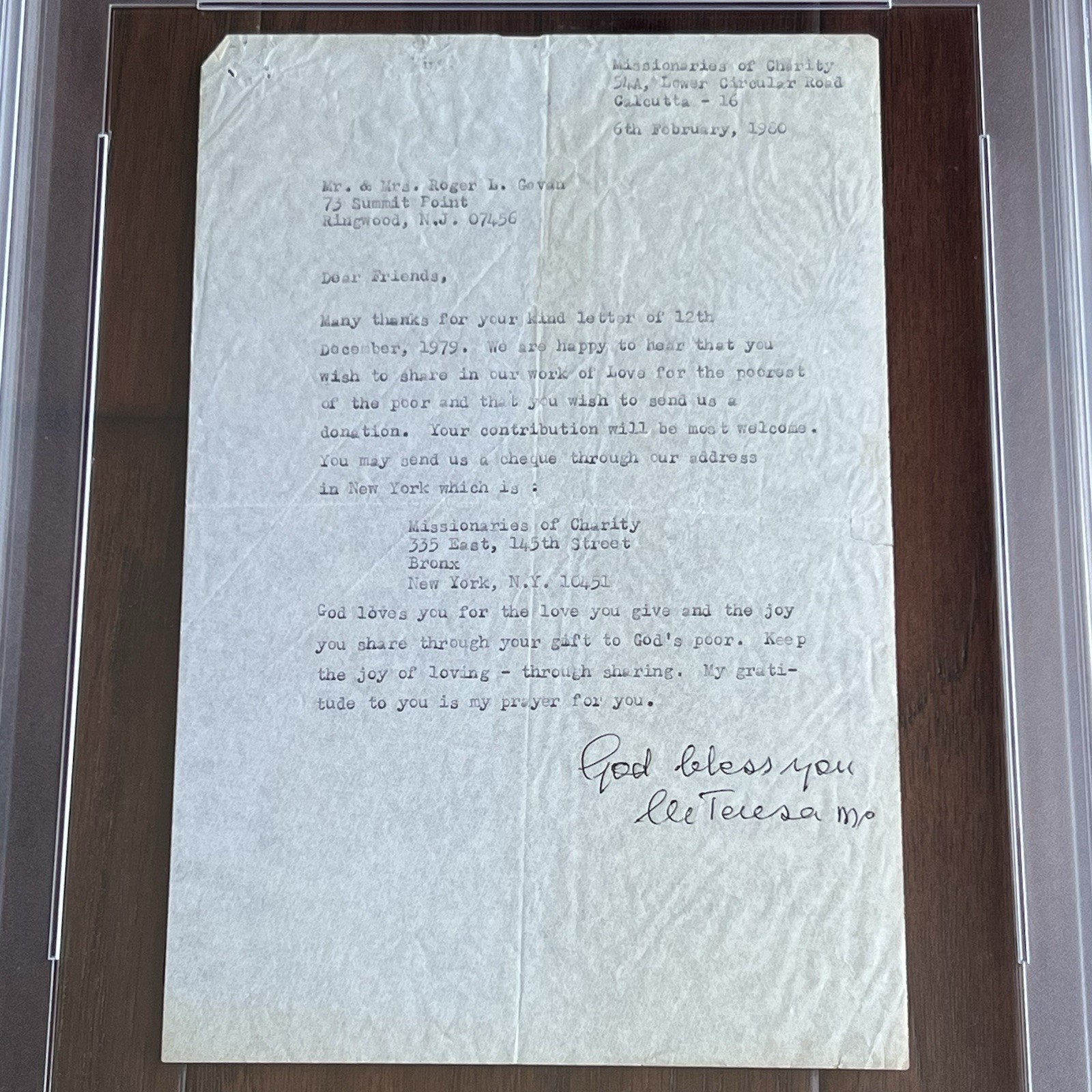 MOTHER TERESA Autograph “Joy of Loving” SIGNED Letter * Catholic SAINT * PSA
