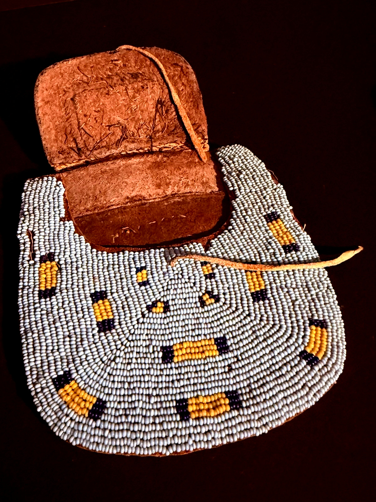 HISTORIC PLAINS BEADED HIDE POUCH,TURQUOISE BLUE GLASS BEAD BACKGROUND,EXCELLENT