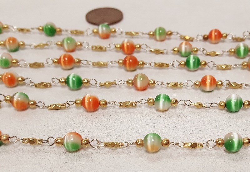 5 FEET VINTAGE GLASS GREEN ORANGE WHITE GIVRE CATS EYE BEADED ROSARY CHAIN 4221