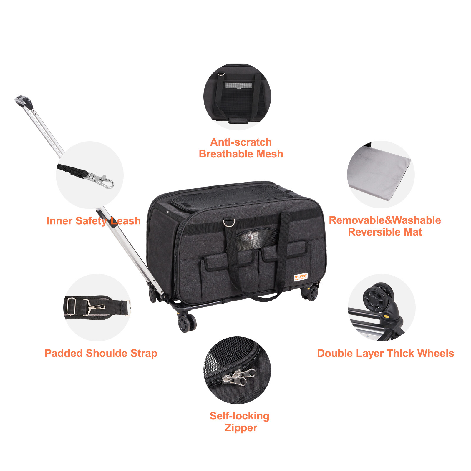 Cat Carrier with Wheels Rolling Pet Carrier with Handle 35 lbs Black