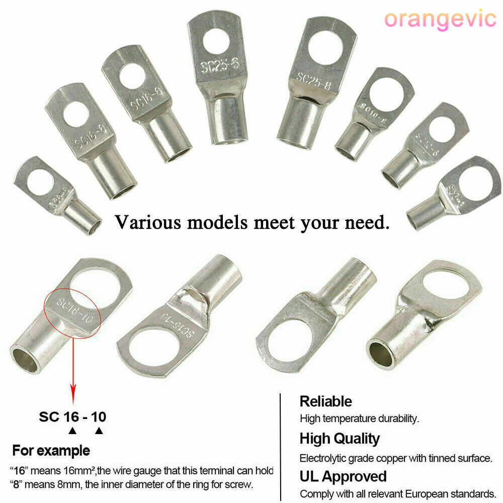 260PC Heavy Duty Wire Lugs Battery Cable Tinned Copper Eyelets SC Ring Terminals
