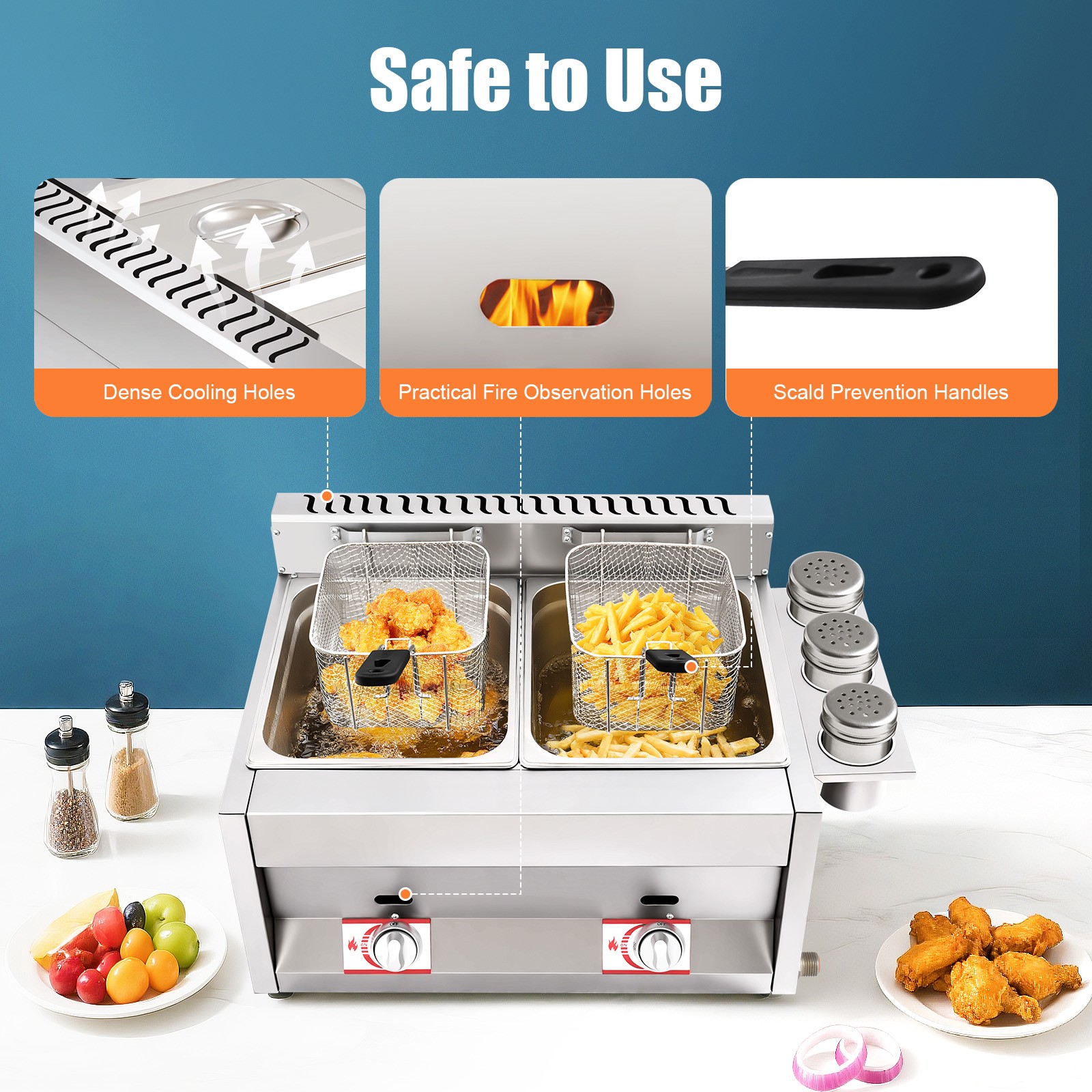 Commercial Deep Fryer with Basket and Lid Stainless Steel Dual Tank Fry Machine