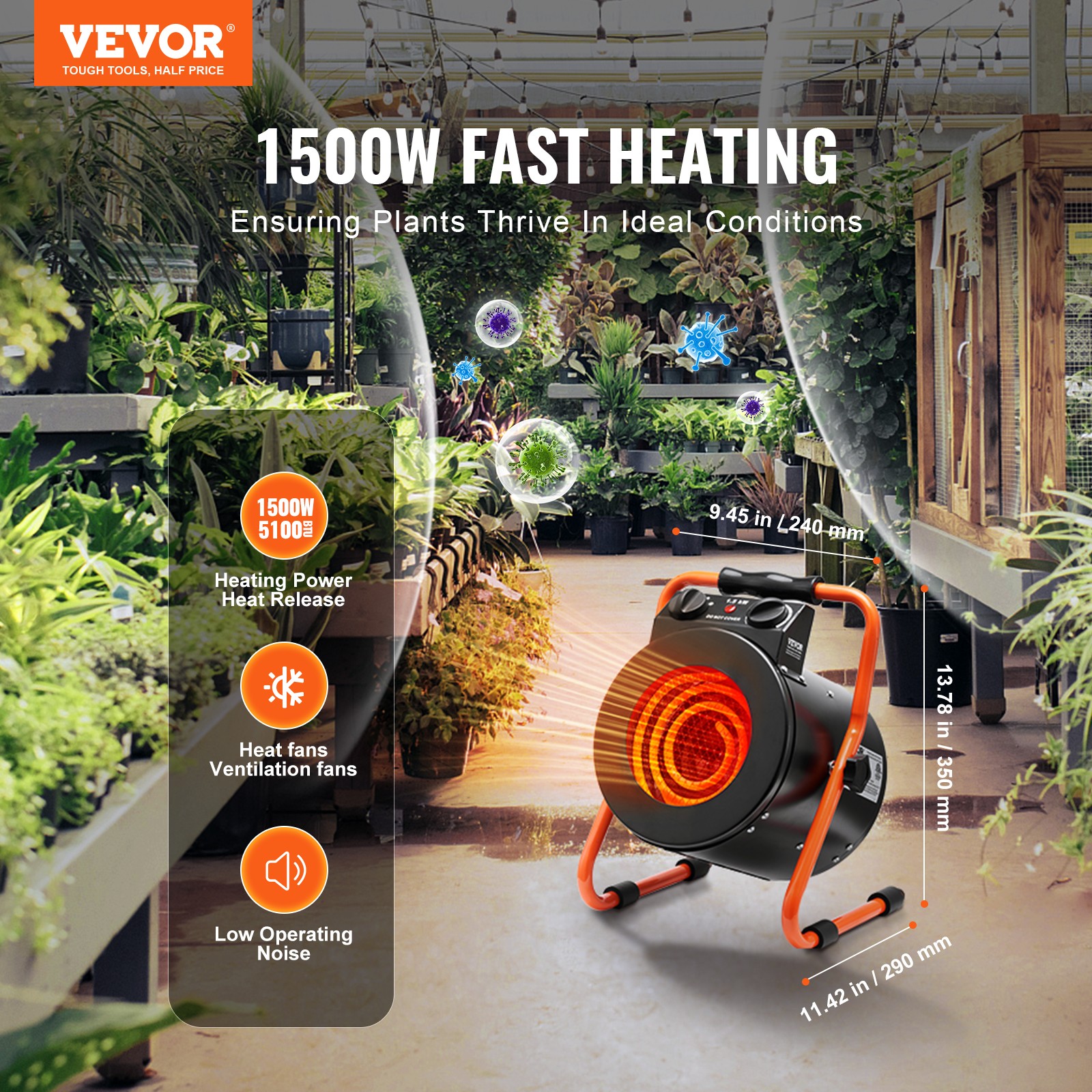 VEVOR Greenhouse Heater with Thermostat 1500W Fast Heating Overheat Protection