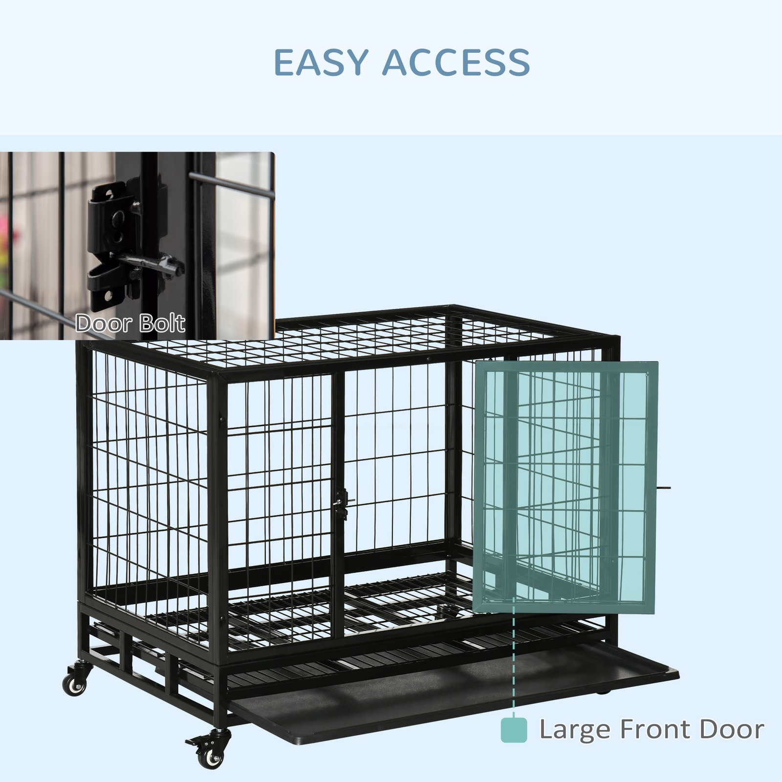 36" Heavy Duty Dog Crate with Tray Lockable Wheels Double Door Medium Large Dogs