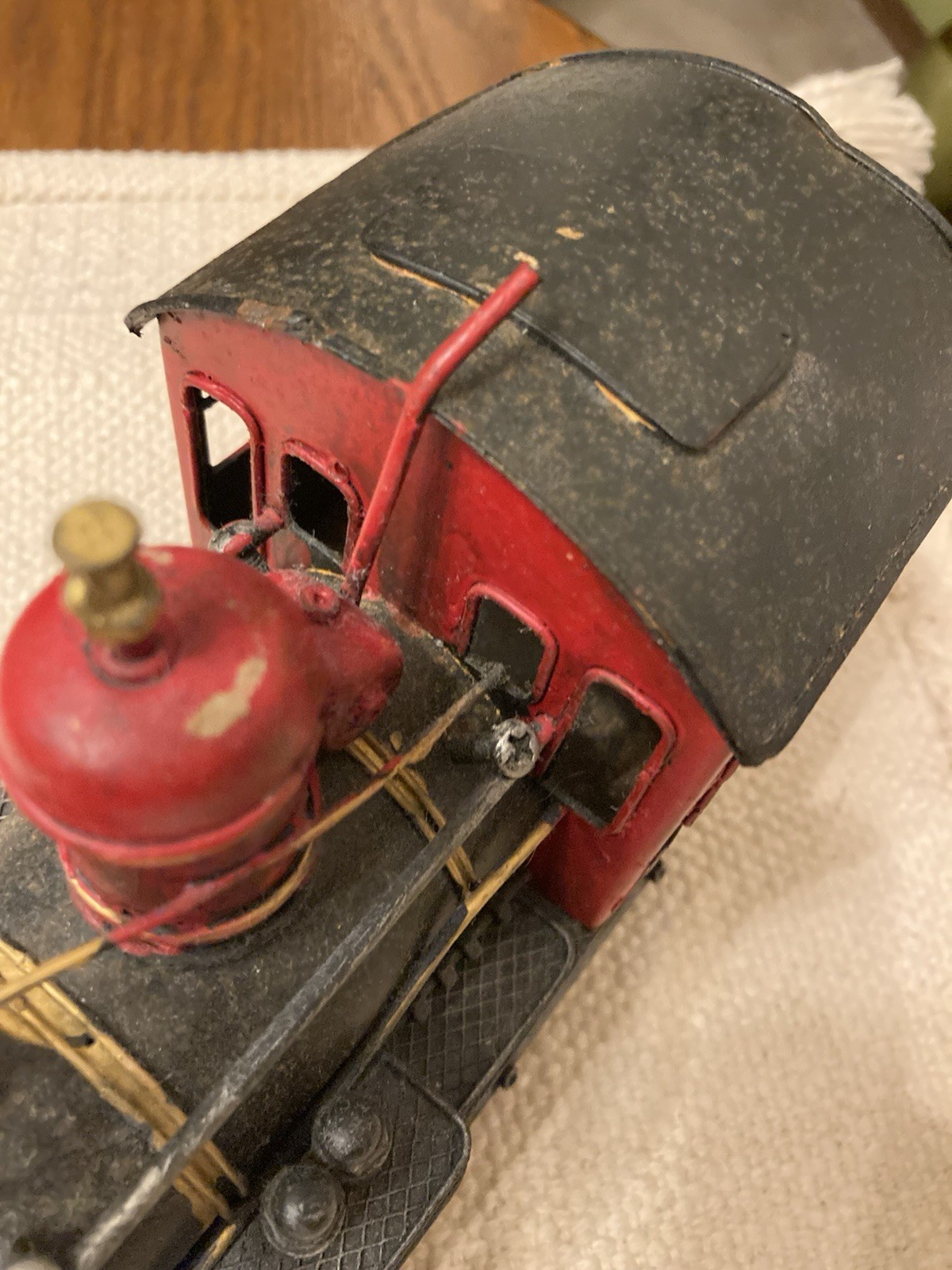 Vtg Decorative Metal Steam Locomotive Model Train Engine Red Black Gold On Base