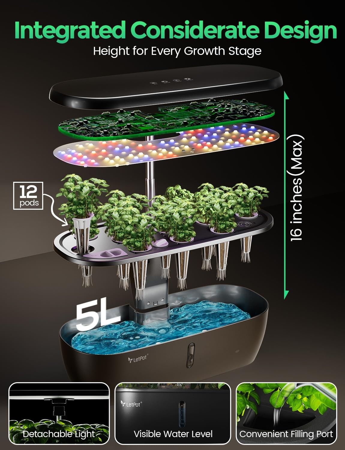 LETPOT Hydroponics Growing System, 12 Pods Indoor Herb Garden 12 Pods, Gray