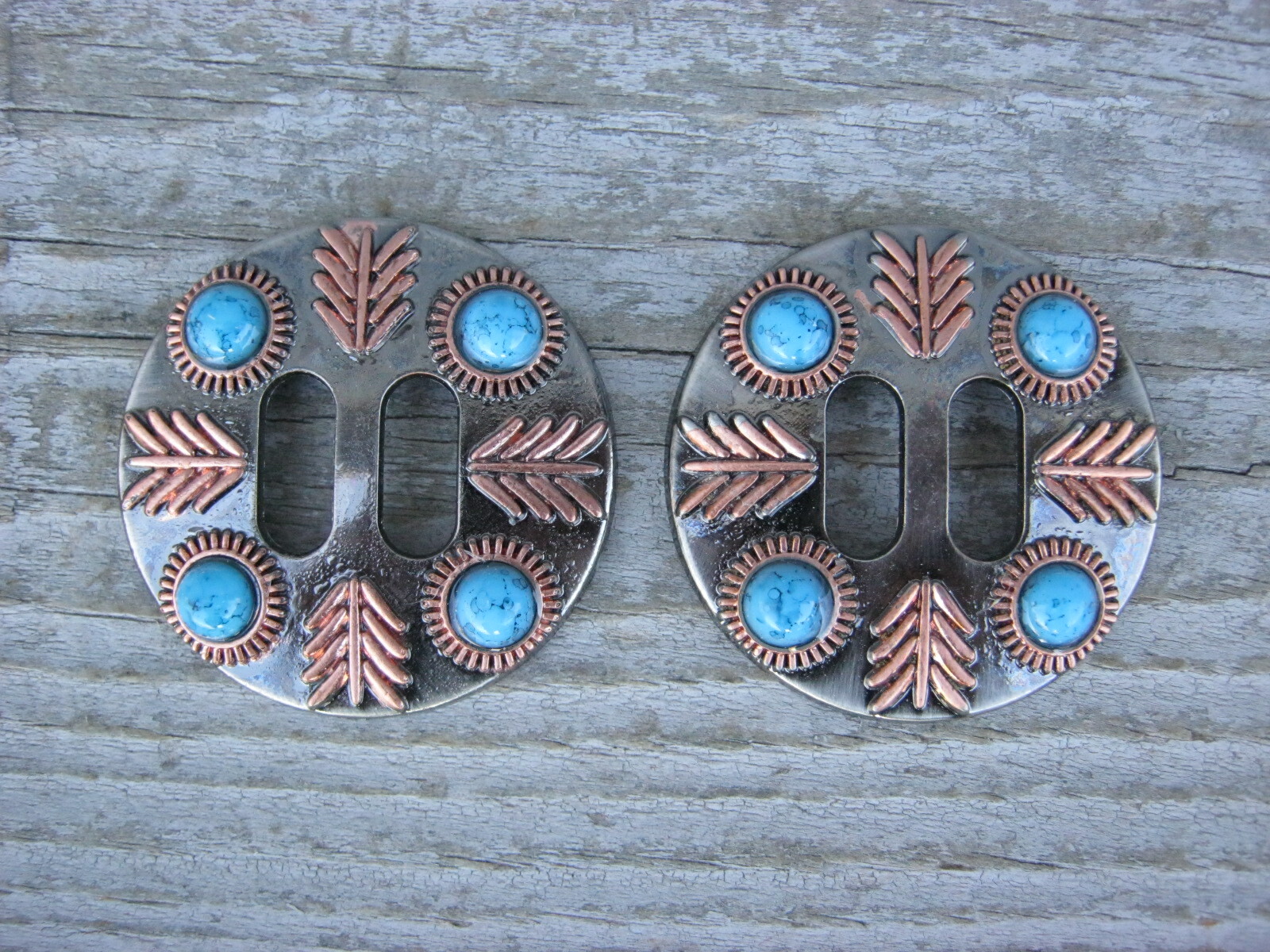 Feathered Turquoise Slotted Concho Copper Feathers 1-1/2" Set of 2