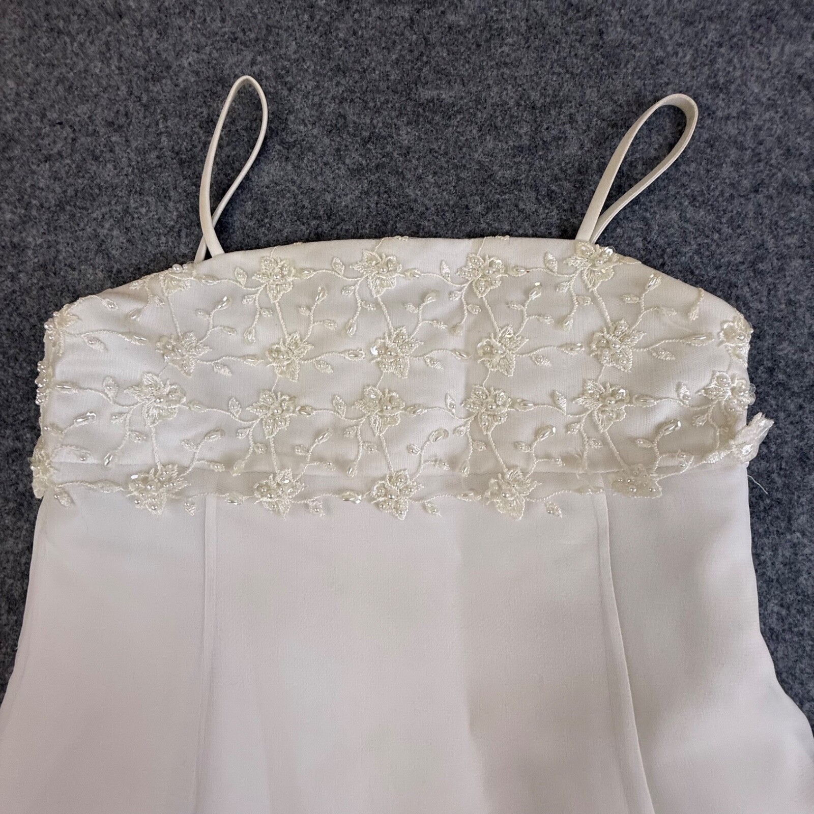 David's Bridal Tea Length Wedding Dress Womens 7 Straps Beaded Pink Sash Ribbon