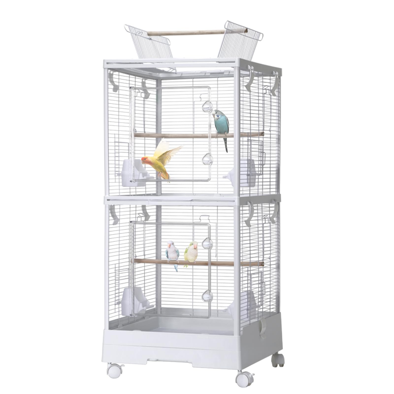 Double-layered Birdcage With Roof Opening Bird Aviary Cage With Castors, White