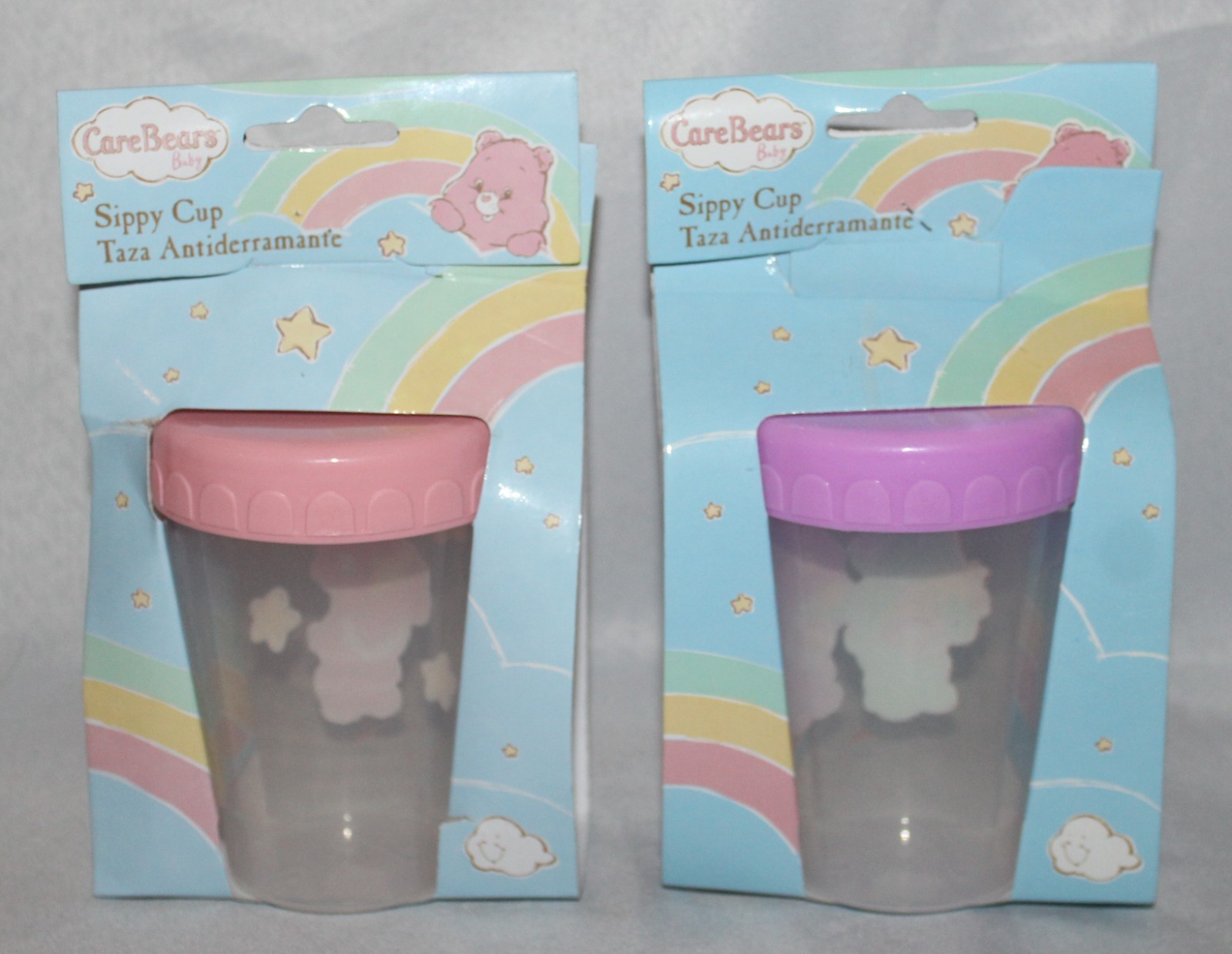 Lot of 2 Vintage 2008 American Greetings Care Bears Baby Sippy Cup Pink Purple
