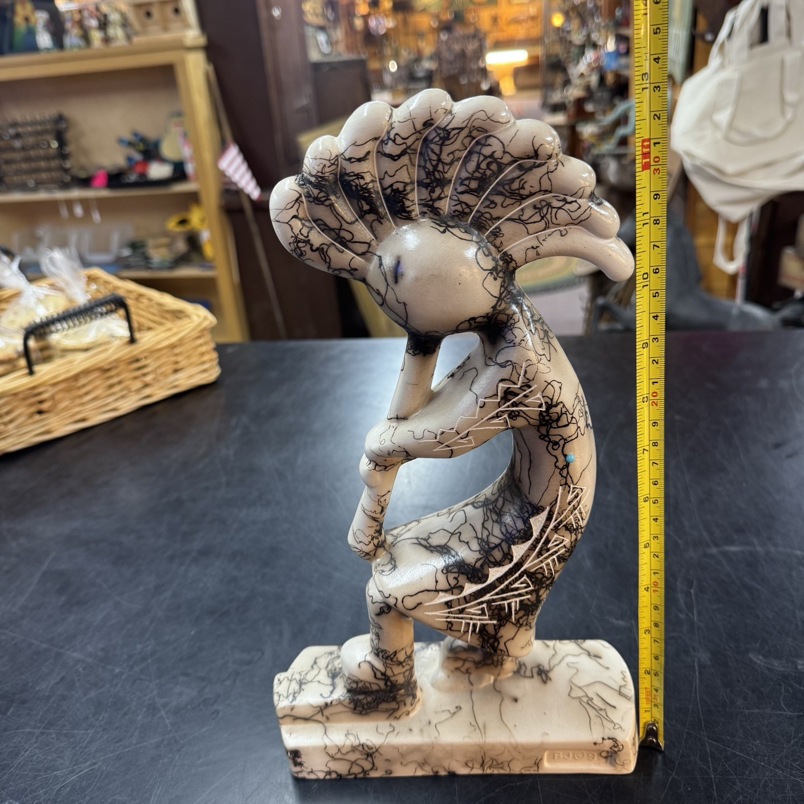 Native American Pottery Horse Hair Kokopelli Sculpture by Vail