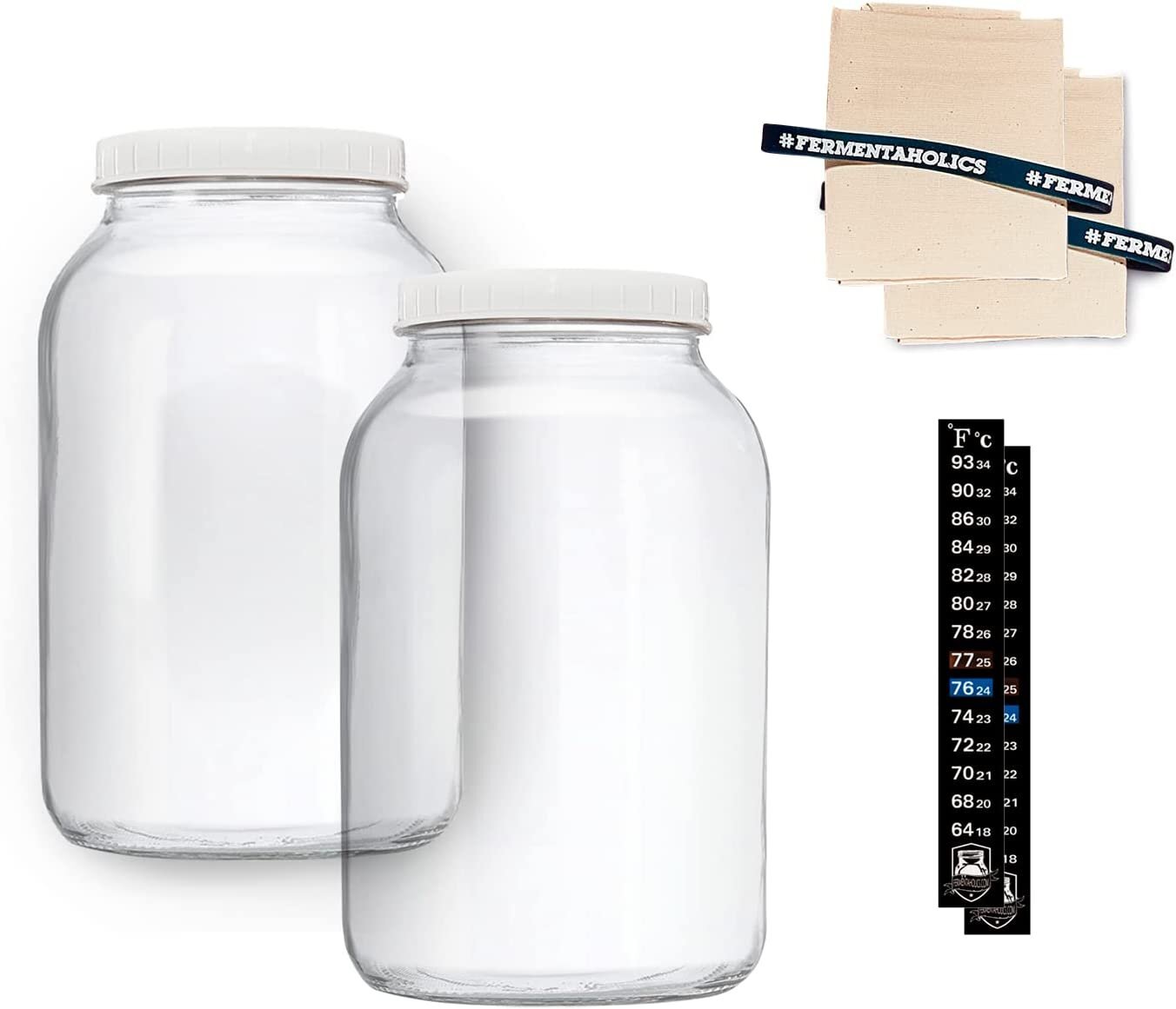 2 Pack, One Gallon Glass Jars with Muslin Cloth Covers & Rubber Bands