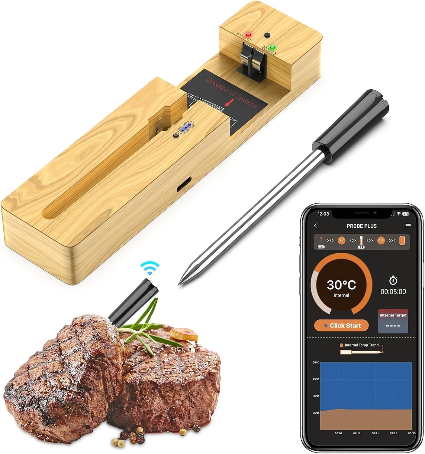 Wireless Meat Thermometer Bluetooth: with Ceramic Probe for Grilling/Cooking/BBQ
