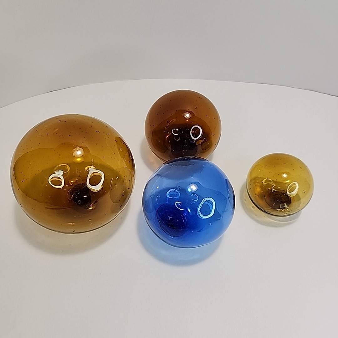 Vintage Lot of 4 Japanese Fish Net Floats Hand Blown Glass 4"-3"-2" Amber & Blue