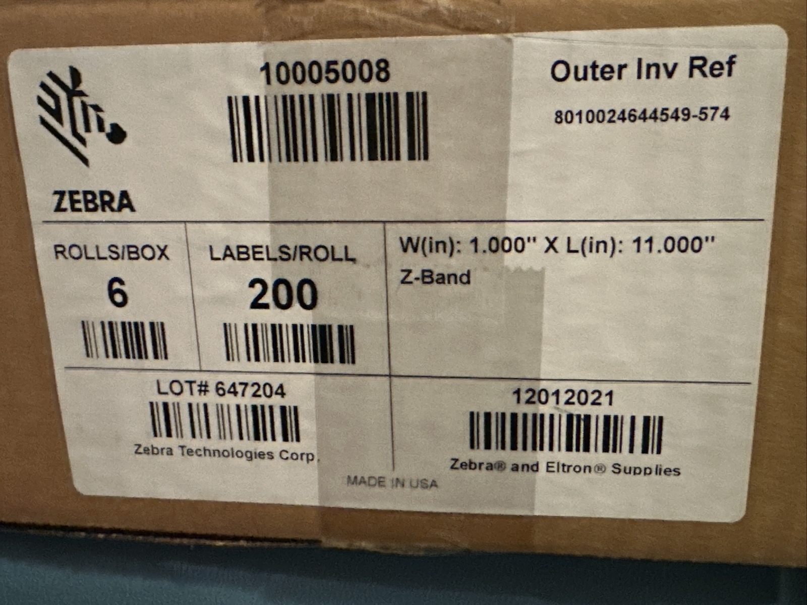 Zebra 10005008 Wristband Polypropylene 1” x 11” White Thermal Z-Band Case/6 Roll