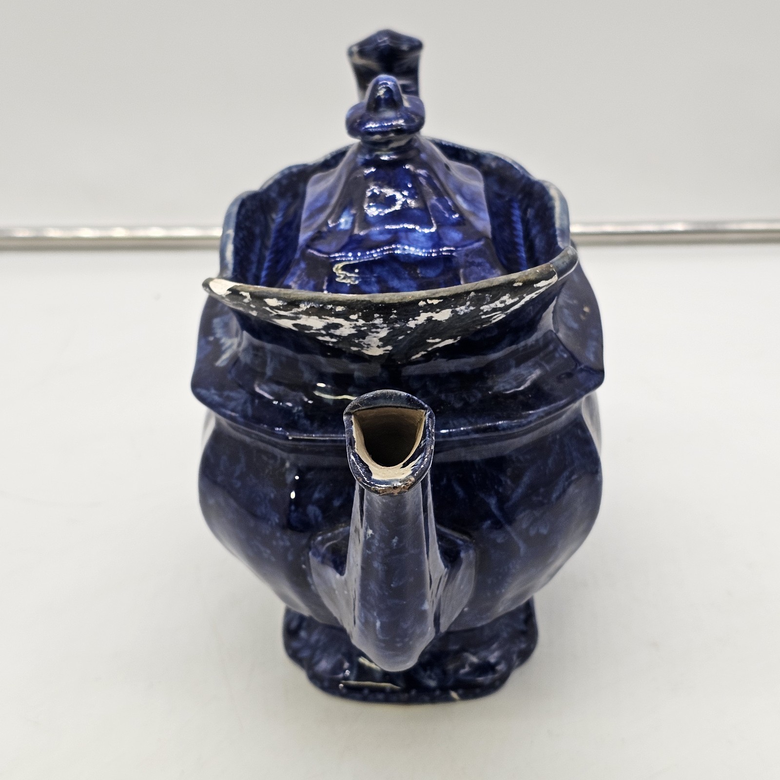 Historical Dark Blue Staffordshite Teapot Winter Sleigh Scene Circa 1825