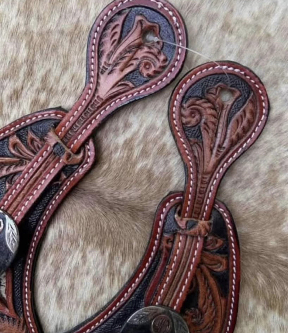 Adult Size Tooled Top Grain Leather Hair On Cowhide Western PAIR Spur Straps