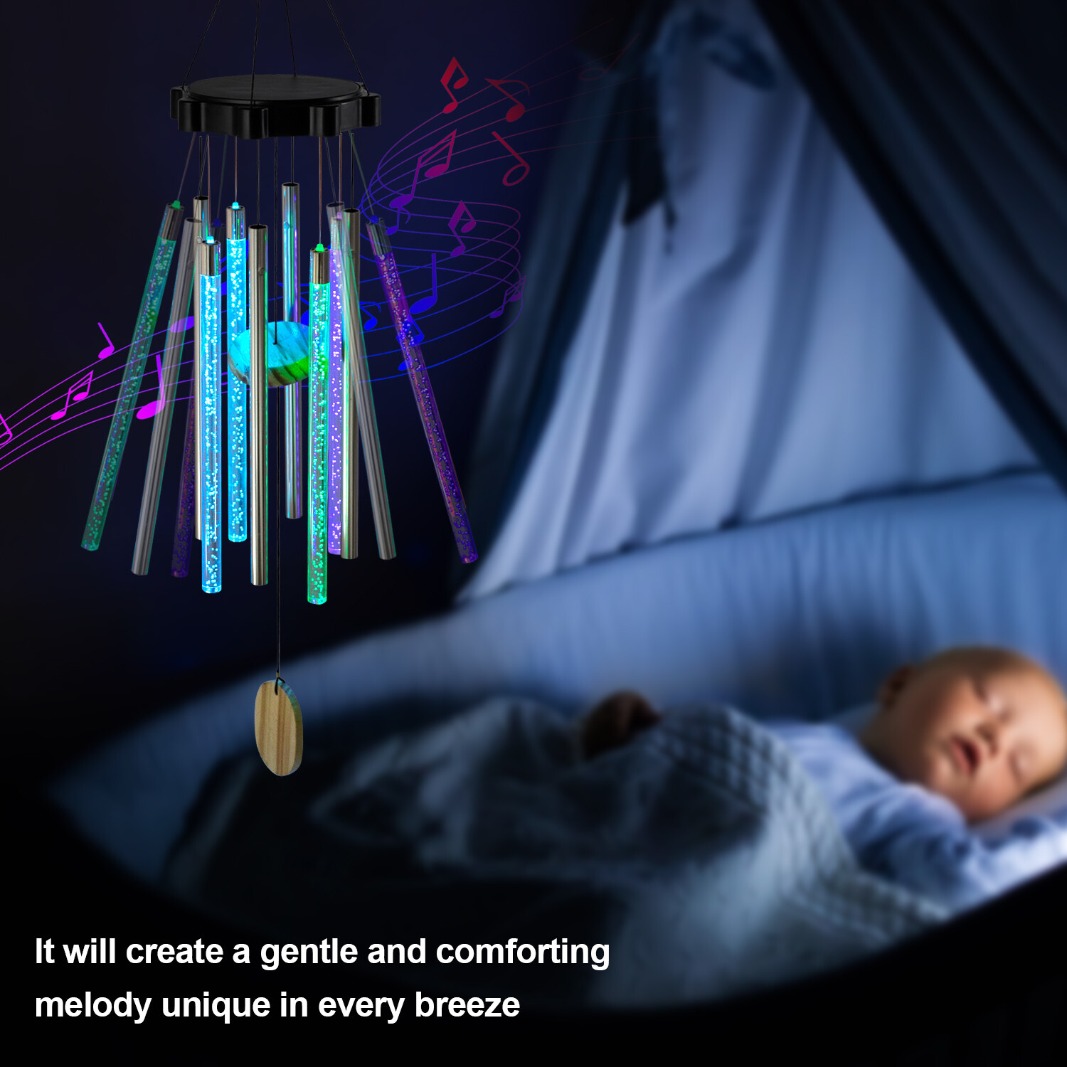 Color Changing Solar Wind Chimes LED Lights Large Deep Tone Resonant Bell Tubes