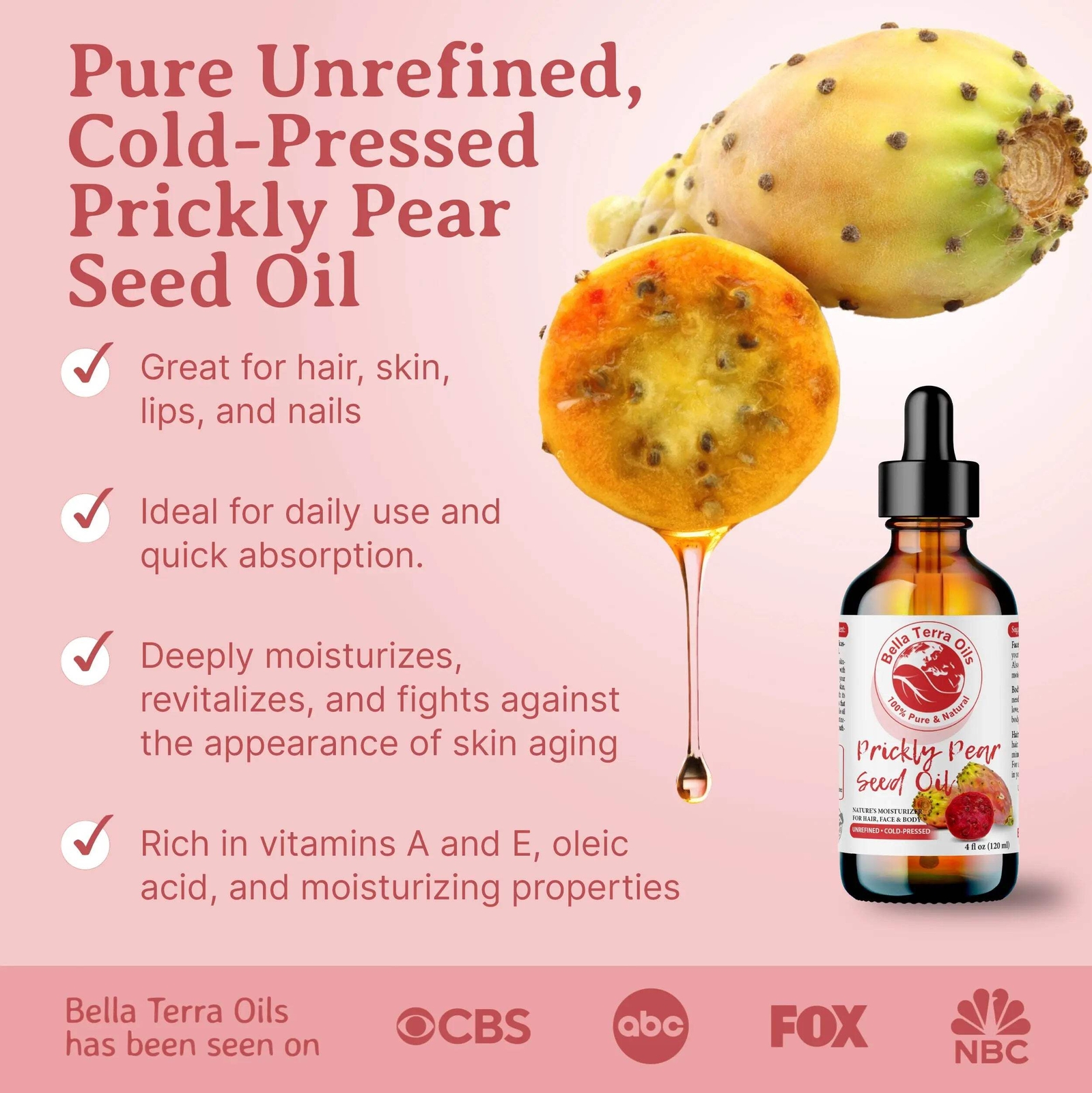Prickly Pear Seed Oil: Cold-Pressed, Luxurious, Ideal for Skin, Hair Care