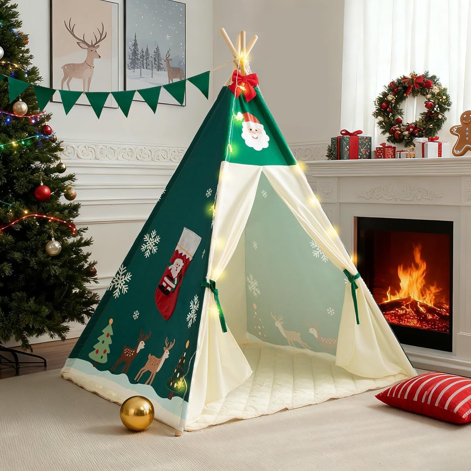 Versatile Kids Teepee Tent with Padded Mat & Star Lights - Perfect Holiday Gift