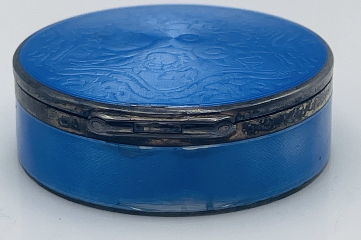 Antique 935 Sterling Silver Blue Enamel Guilloche Box