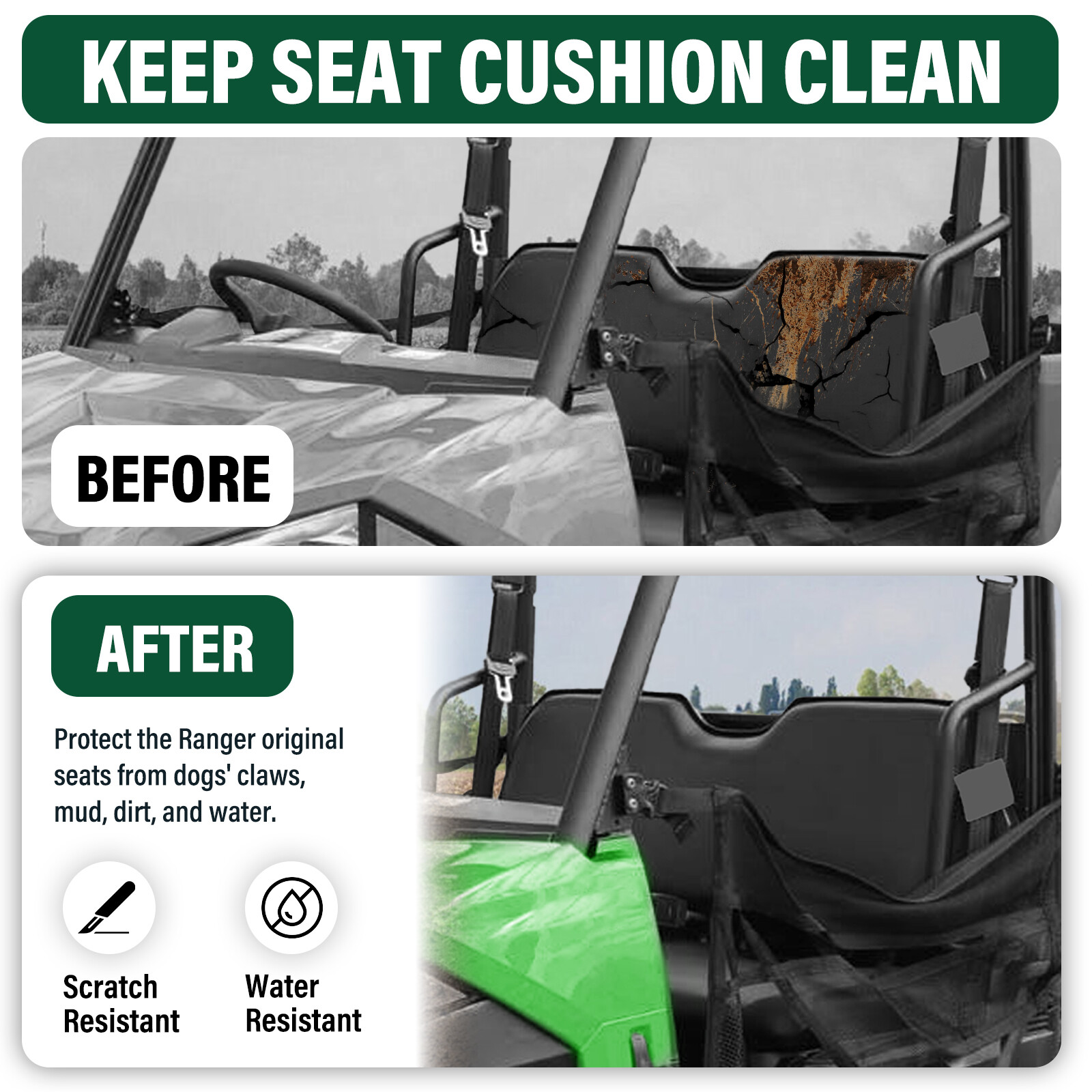 For Polaris Ranger XP Crew 800 900 2009-2018 Black Seat Bottom Back #2684885-070