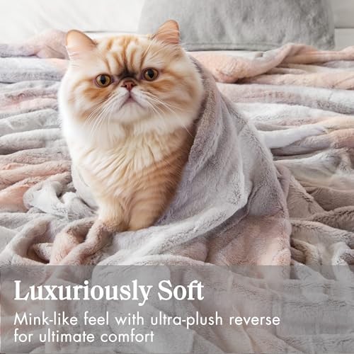Queen Size Blanket Ultra-Soft Poly Fur Queen Size, 90x90" Blush/Grey