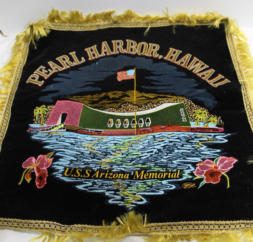 Vintage Souvenir Satin & Black Velvet Pillow Cover Pearl Harbor USS Arizona