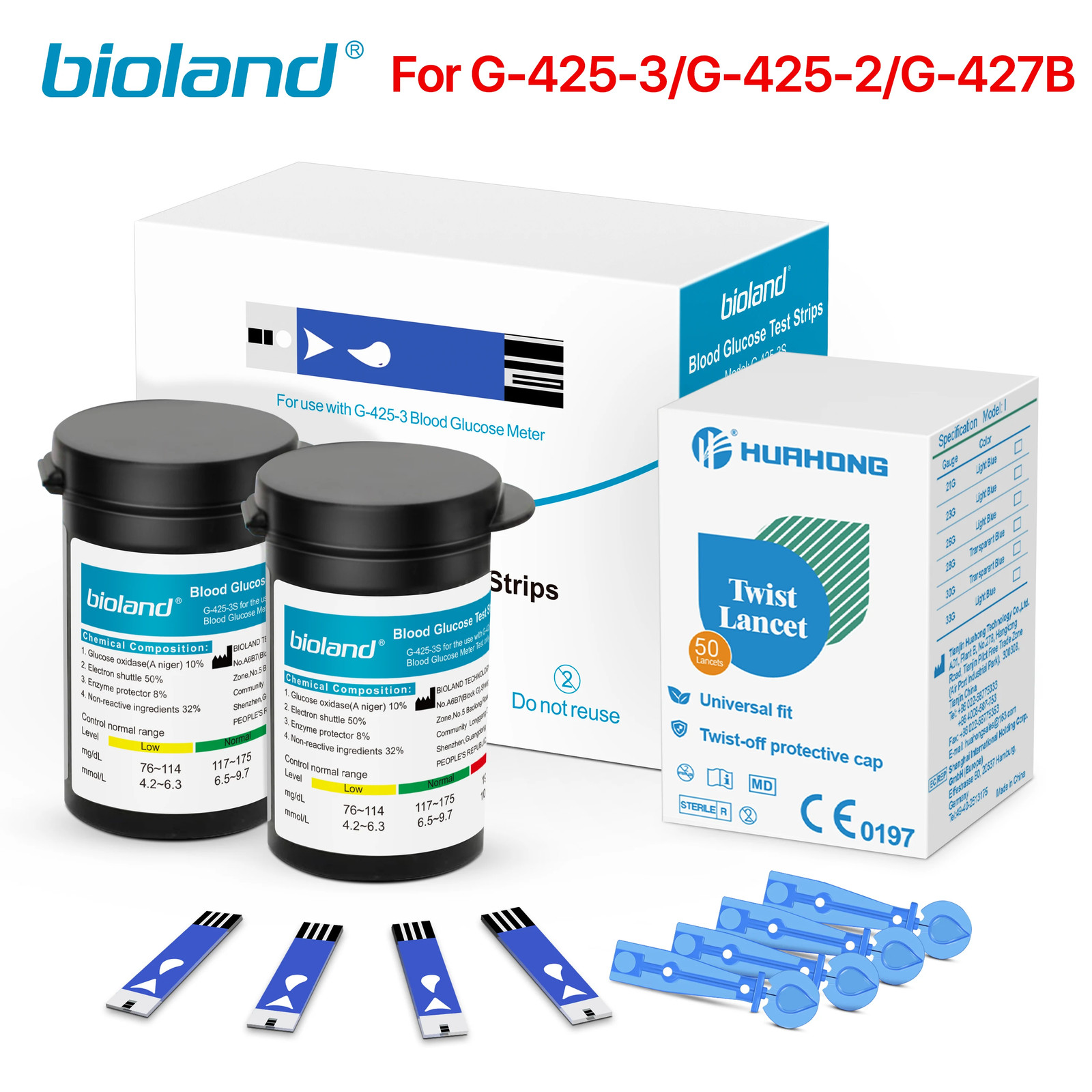 G-425-2/3 Test Strips | Bioland 50-500pcs Glucose Strips with Lancets NO Meter++