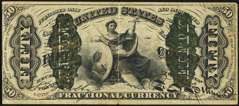 FR 1366 - 50c THIRD ISSUE JUSTICE - WIDE SURCHARGE "A-2-6-5" - F/VF - EDGE TEARS