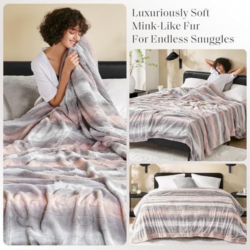 Queen Size Blanket Ultra-Soft Poly Fur Queen Size, 90x90" Blush/Grey