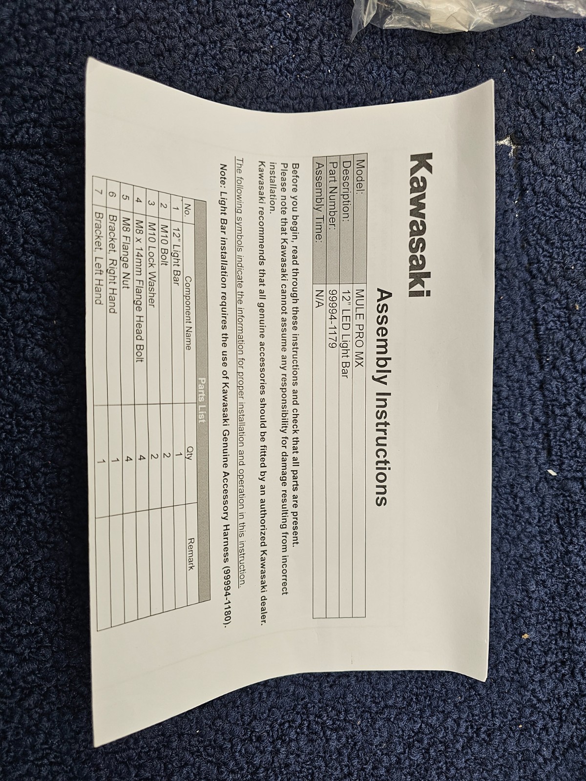 KAWASAKI 99994-1179 LED LIGHT BAR FOR 2019-2025 KAWASAKI MULE PRO MX