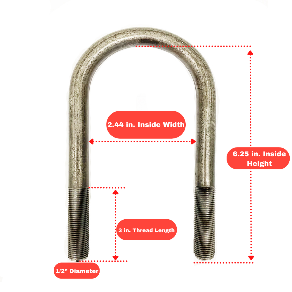 U-Bolt Kit for 3,500 lbs. 2-3/8" Round Trailer Axle 6 1/4" Long 1/2" Diameter