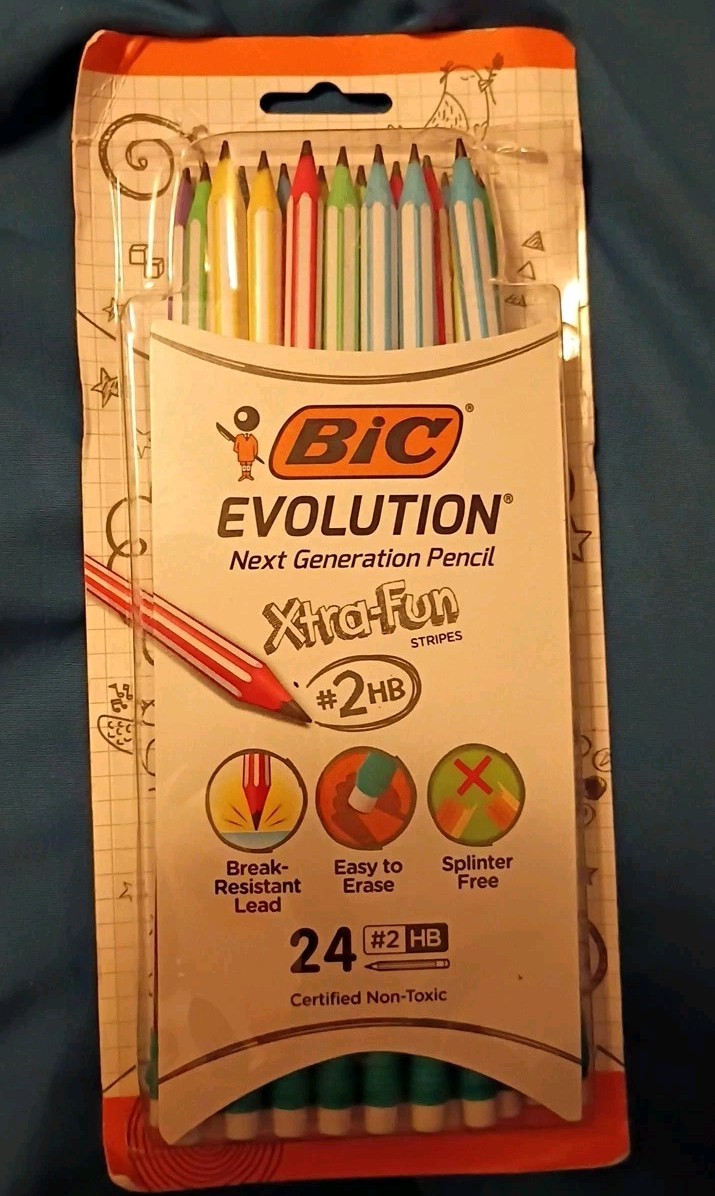 NEW BIC EVOLUTION XTRA-FUN STRIPES #2 HB PENCILS PACK OF 24 MADE IN FRANCE