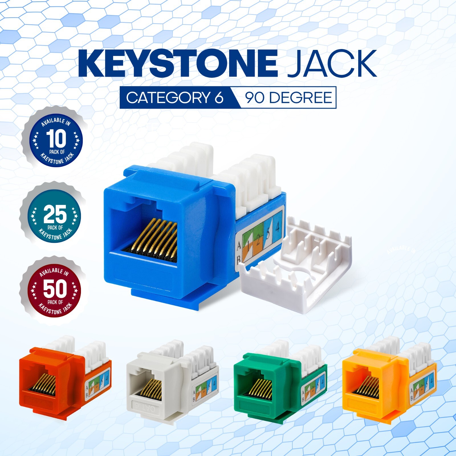50 Pack Cat6 RJ45 Keystone Jacks  90 Network Connectors - 110 Punch Down 8P8C