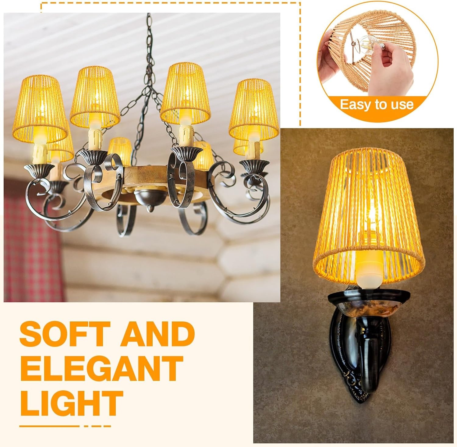 5.7 x 5.5in Chandelier Shades Set of 6, Small Rattan Lamp Shades Clip on Bulb