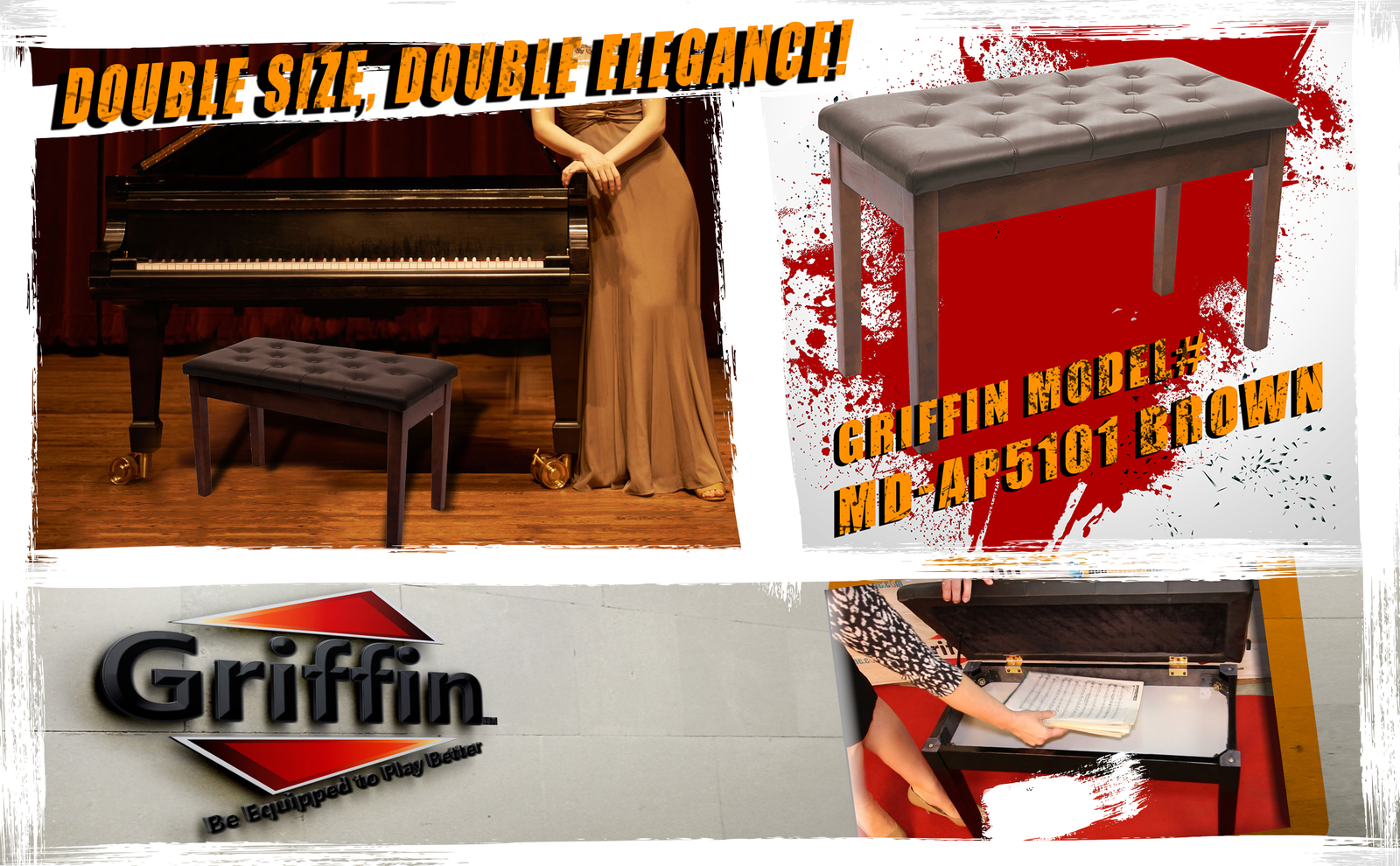 GRIFFIN Brown Leather Piano Bench Wood Keyboard Seat Music Storage Guitar Stool