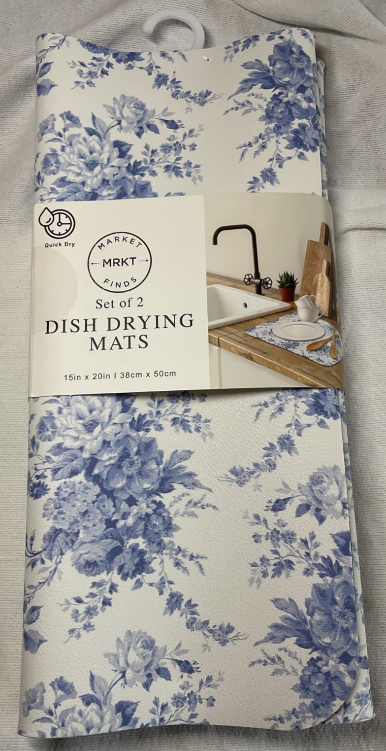 MARKET FINDS DISH DRYING MATS (2)  BLUE FLOWERS REVERSIBLE 15 X 20MICROFIBER NIP
