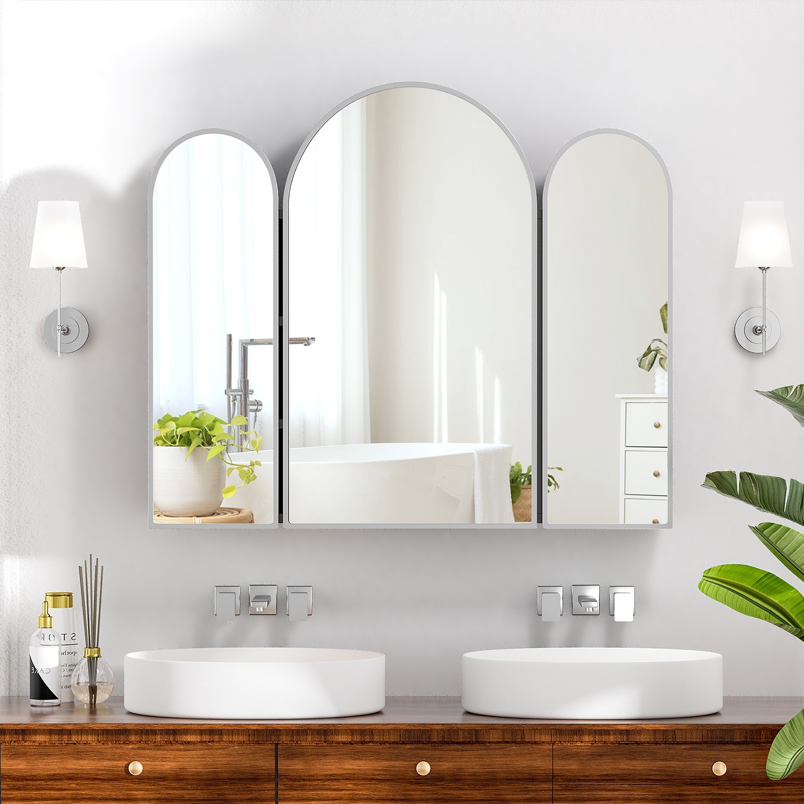 Triple Arch Medicine Cabinet 3 Doors Bathroom Mirror Cabinet with Trifold Mirror