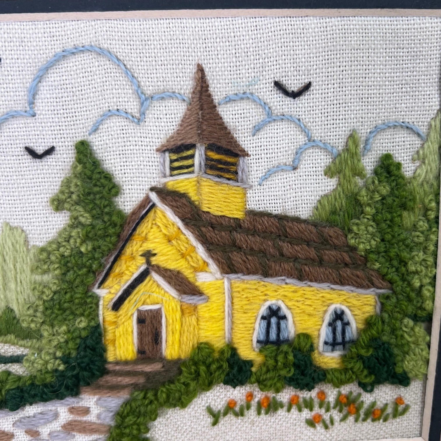 Vintage Crewel Embroidery Completed Woodside Church Framed 5x7 1980's Handmade