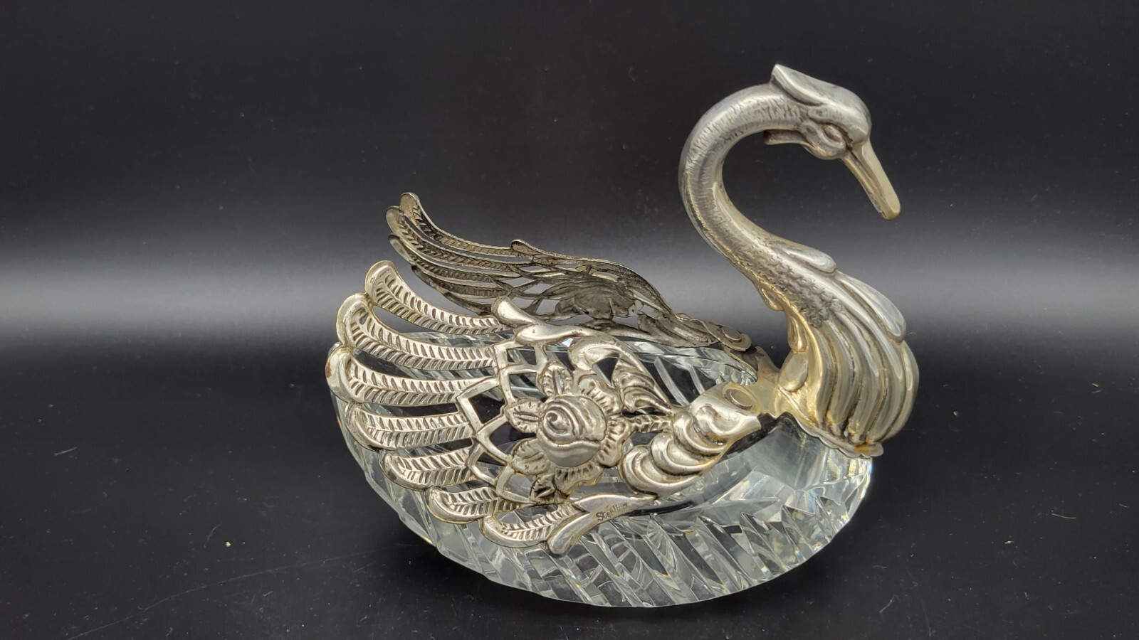 Vintage Sterling Silver & Crystal Swan Master Salt Cellar / Caviar Bowl, 5 1/4"