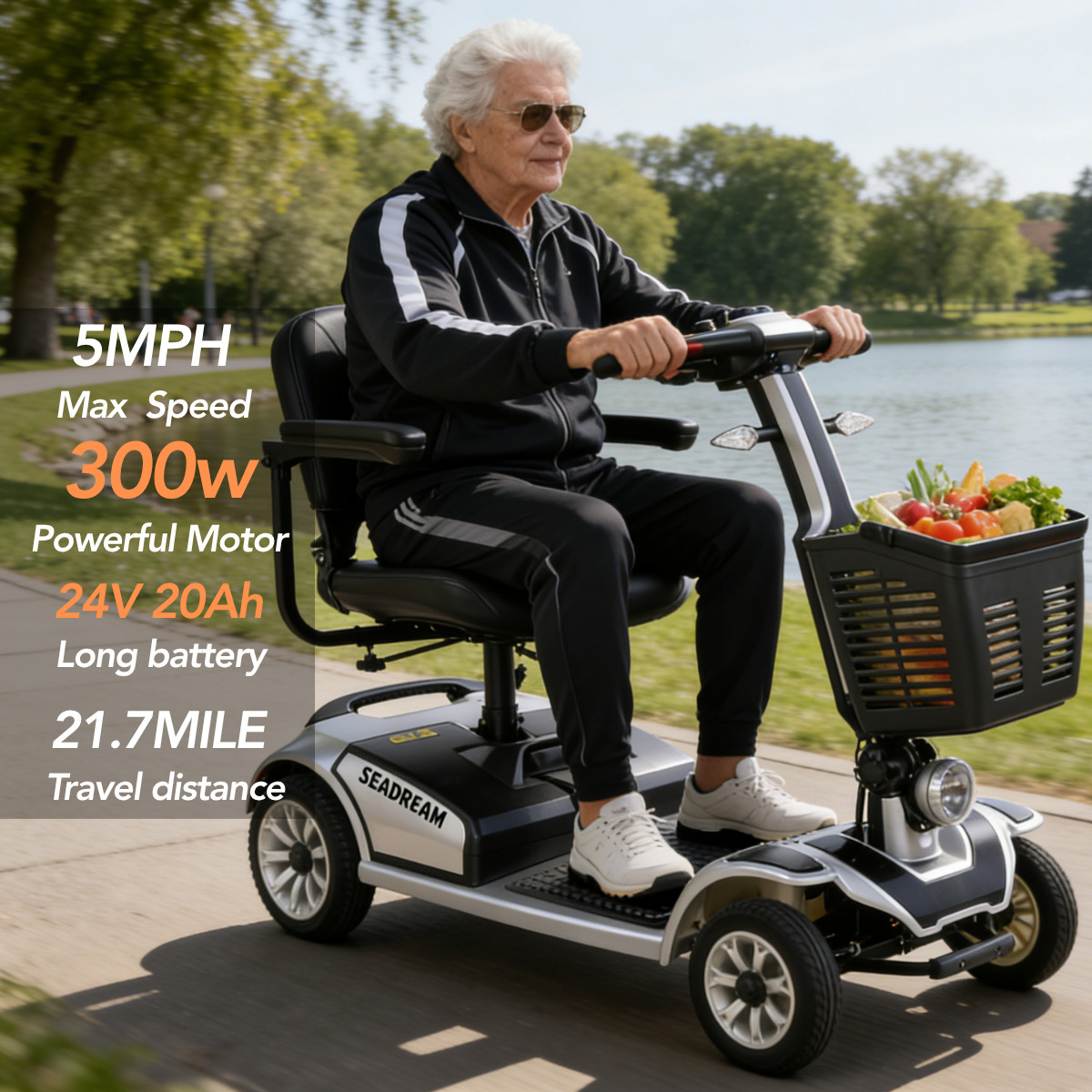 4 Wheel Electric Mobility Scooter for Adults & Seniors, 300W Motor, 15° Climbing