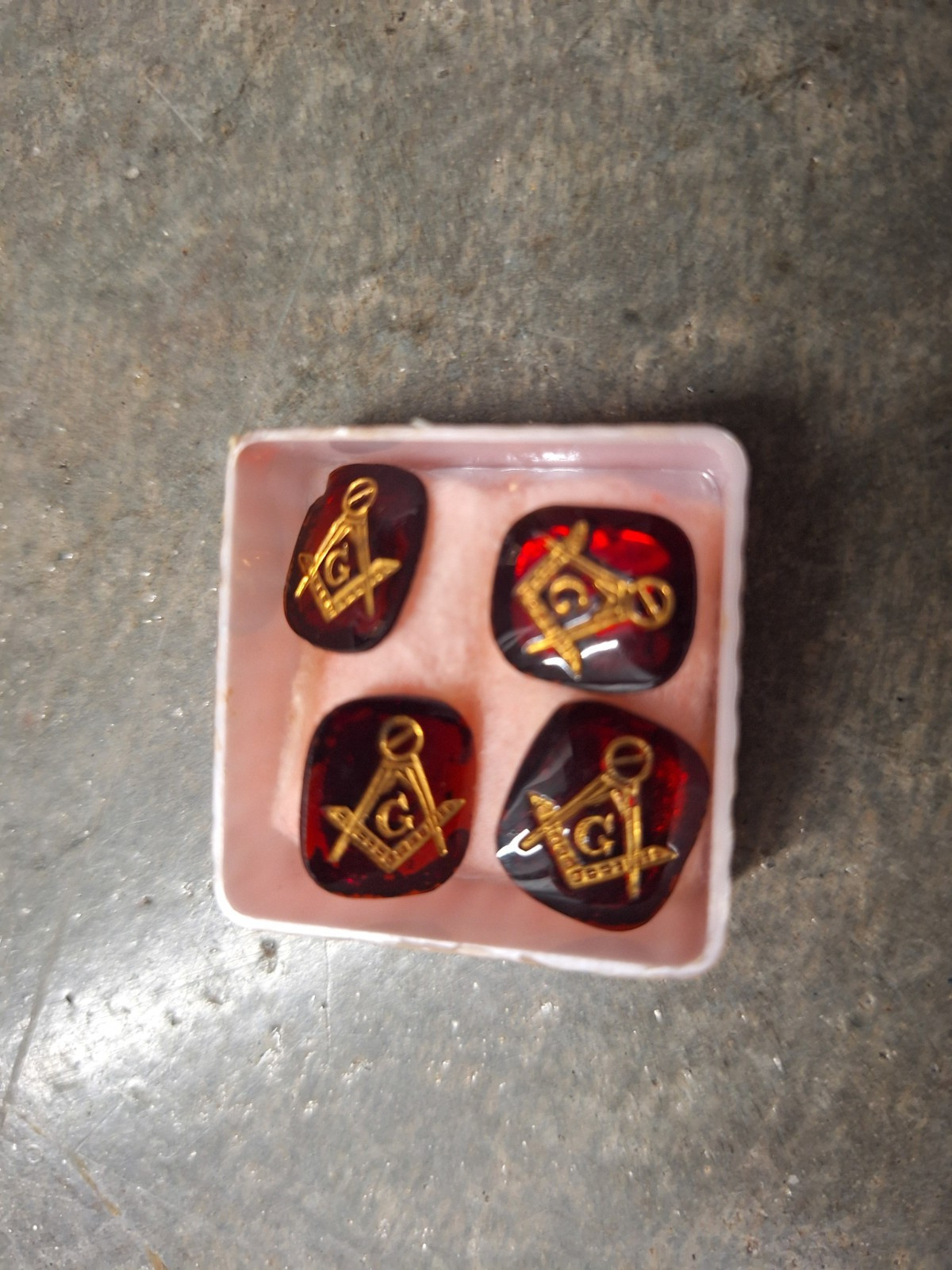 Vintage West German Ruby Red Glass Beads - total of 4, gold letters & graphics